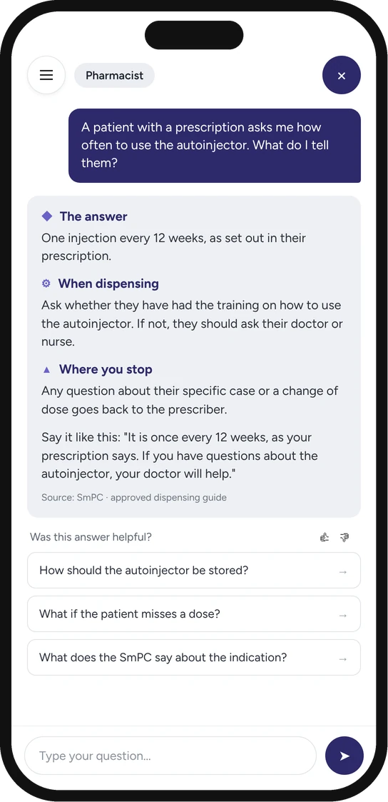 A pharmacist asks Atrivity Assistant how often a patient should use an autoinjector
