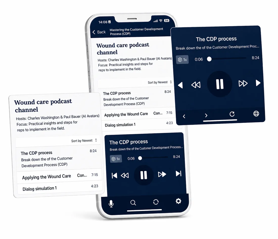 Un canal de podcasts de IA y el reproductor de episodios en la app de Atrivity.